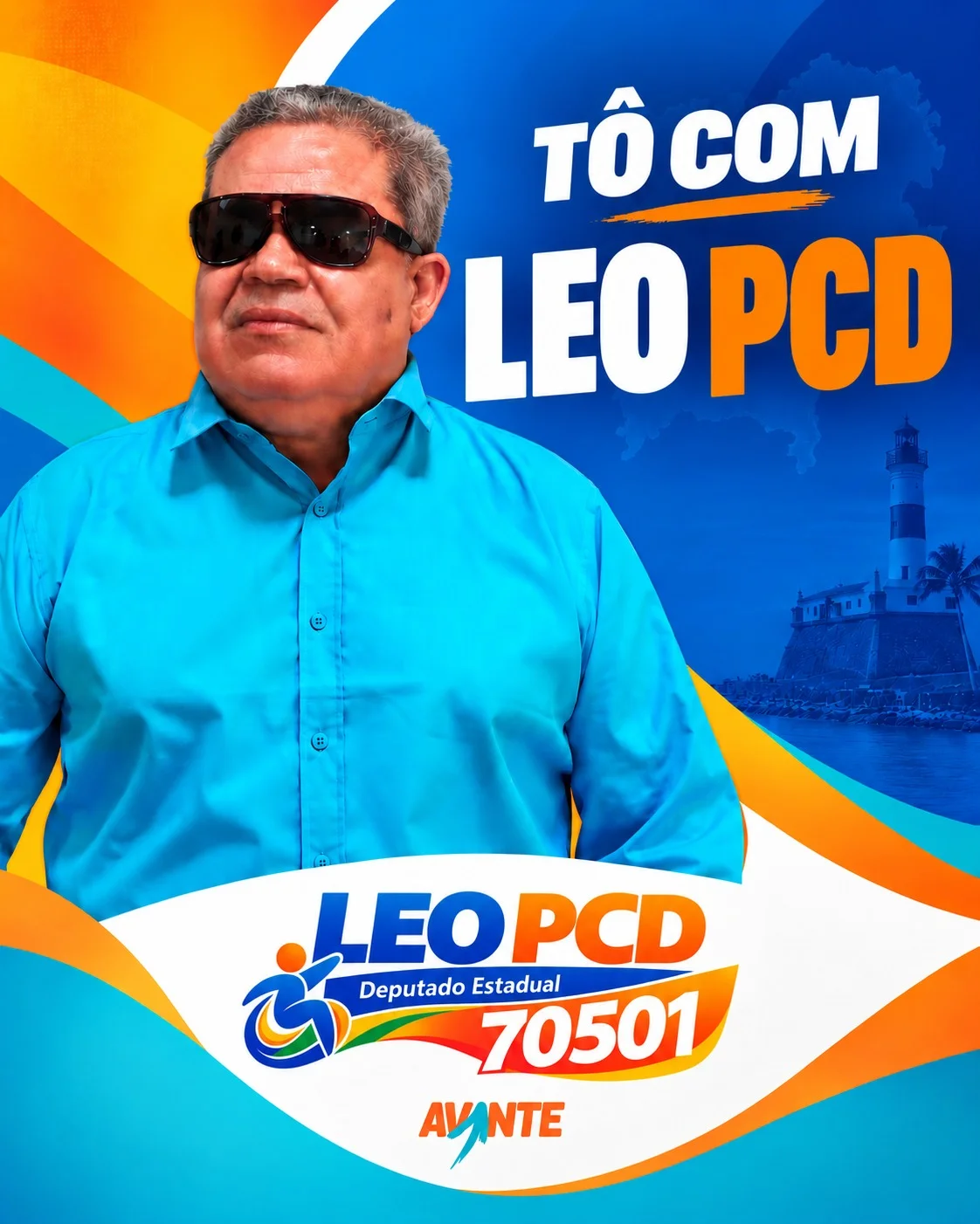 Santinho de Léo PCD: fotografia do candidato, Deputado Estadual, número 70501, partido Avante.